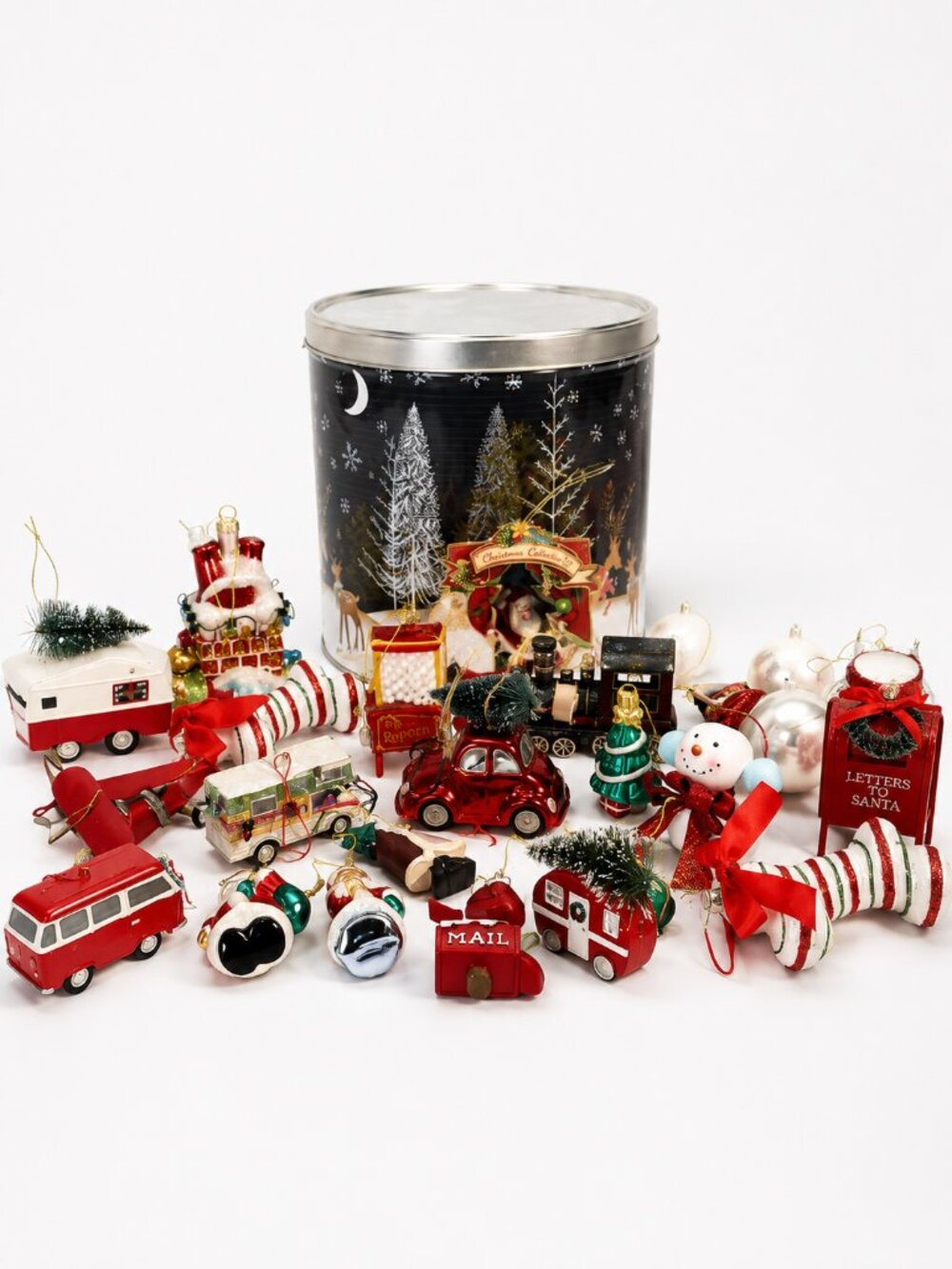 Vintage Style Christmas Ornament Lot w/ Decorative Storage Tin